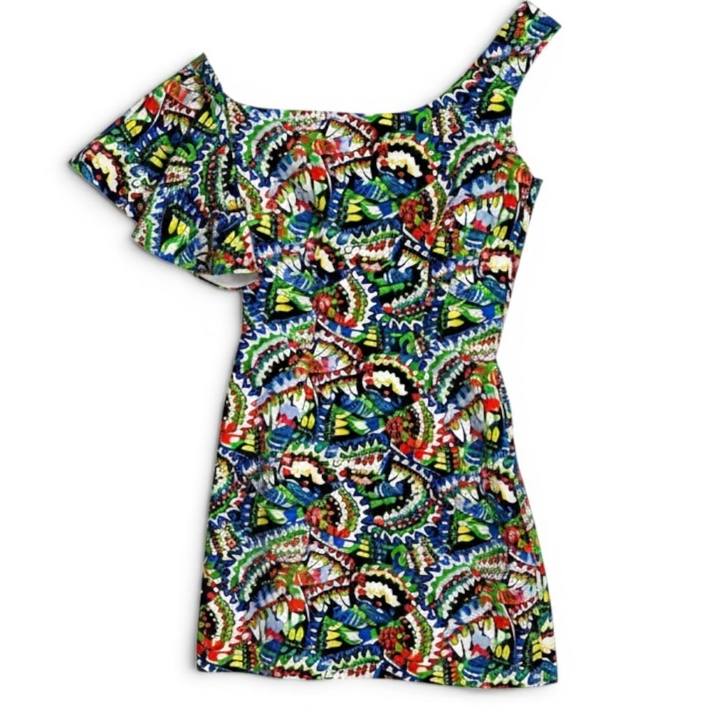 Saloni Mini Dress Size 2 One Shoulder Multicolor‎ Abstract Ruffle Graphic Print